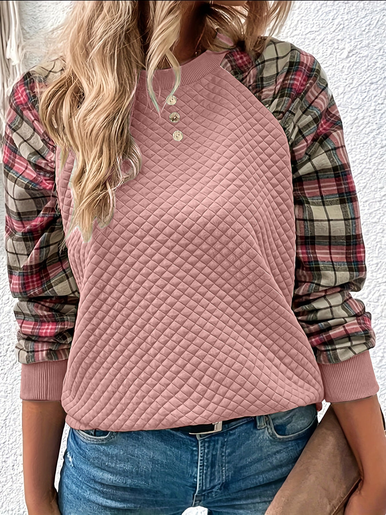 Damen Sweatshirt Gitterstruktur karierte Ärmel Norvielle