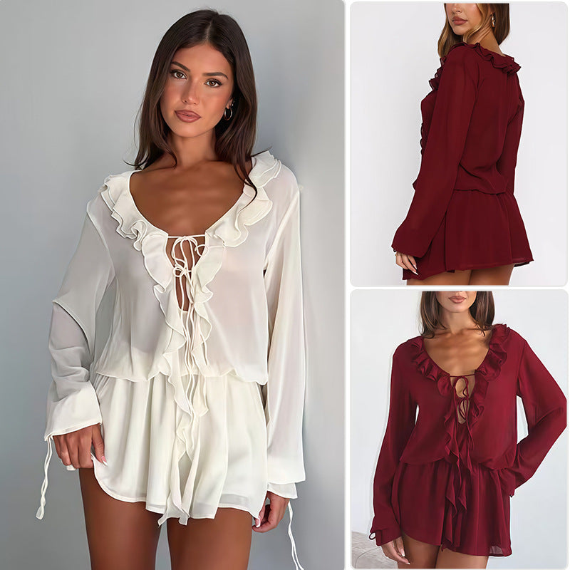 Damen Chiffonbluse Elegante Rüschendekoration V-Ausschnitt Norvielle - Norvielle