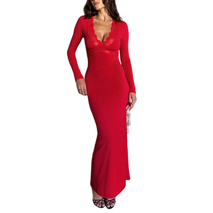 Damen Maxikleid V-Ausschnitt Spitzenbesatz Norvielle