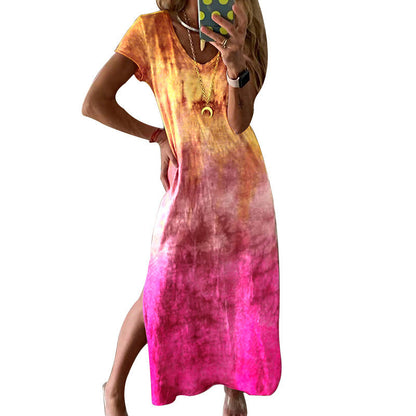 Damen Maxikleid Langarm V-Ausschnitt Tie-Dye Muster