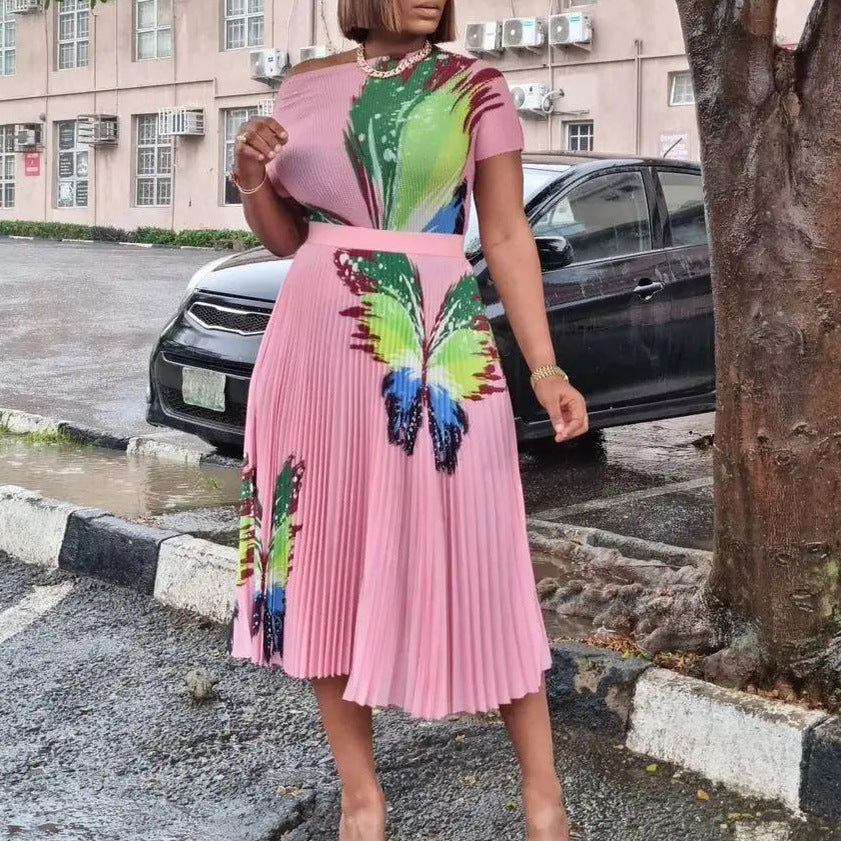 Damen Maxikleid Bunt Schmetterling Plisseefalte