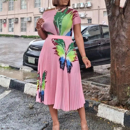 Damen Maxikleid Bunt Schmetterling Plisseefalte