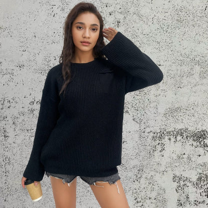 Damen Strickpullover Groß Brusttasche Norvielle