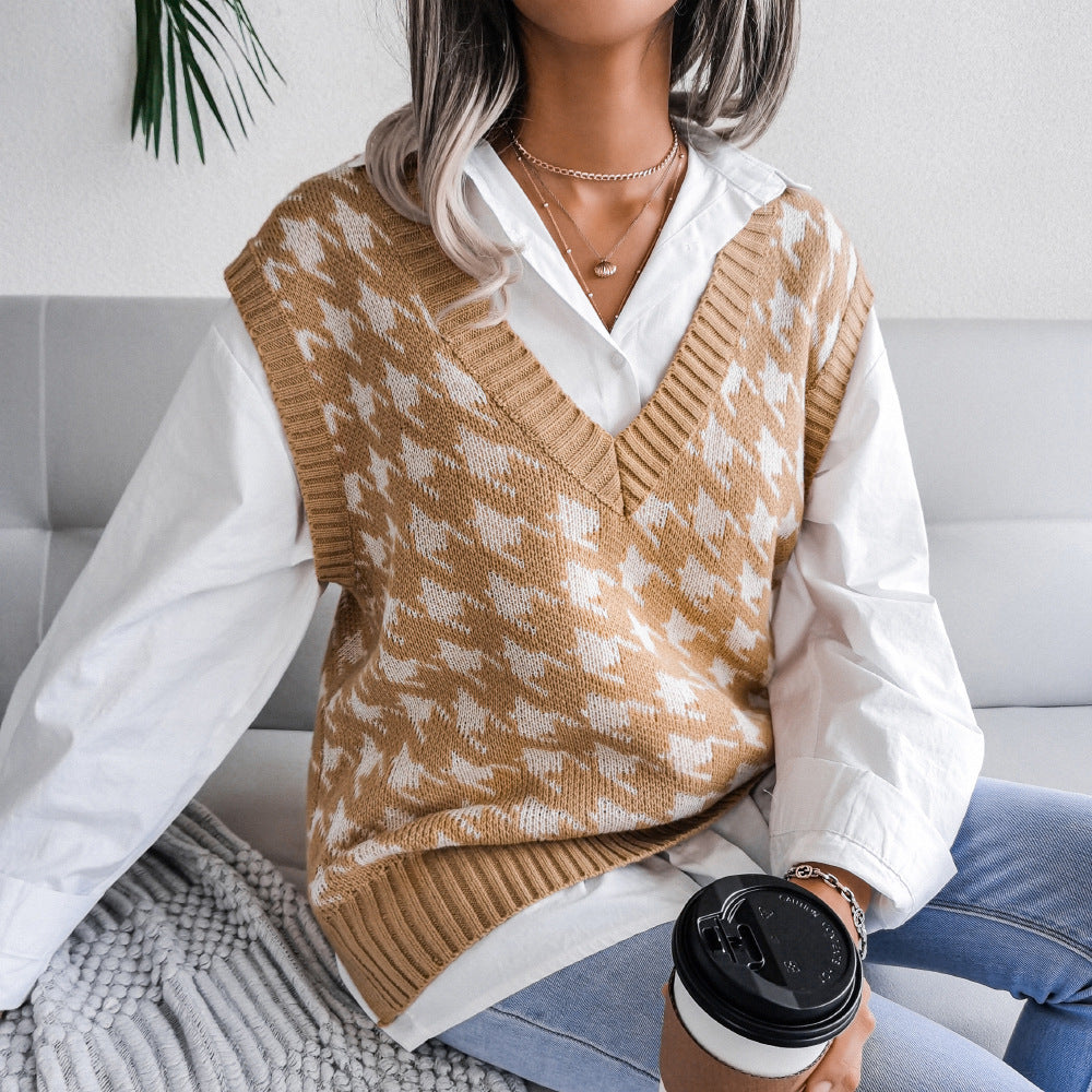 Damen Rippstrick-Weste V-Ausschnitt Hahnentritt-Design