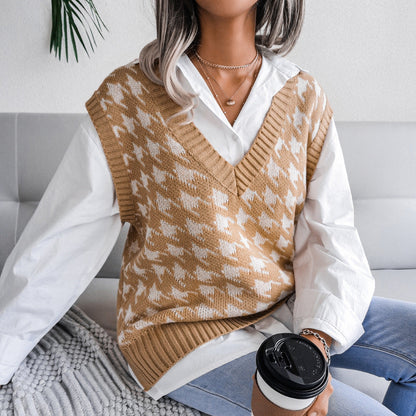 Damen Rippstrick-Weste V-Ausschnitt Hahnentritt-Design