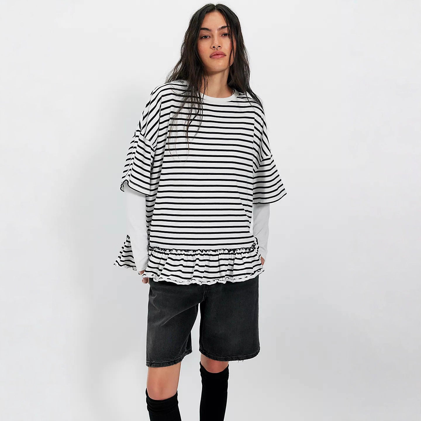 Damen Oversized Streifen T-Shirt mit Rüschen Weiß-