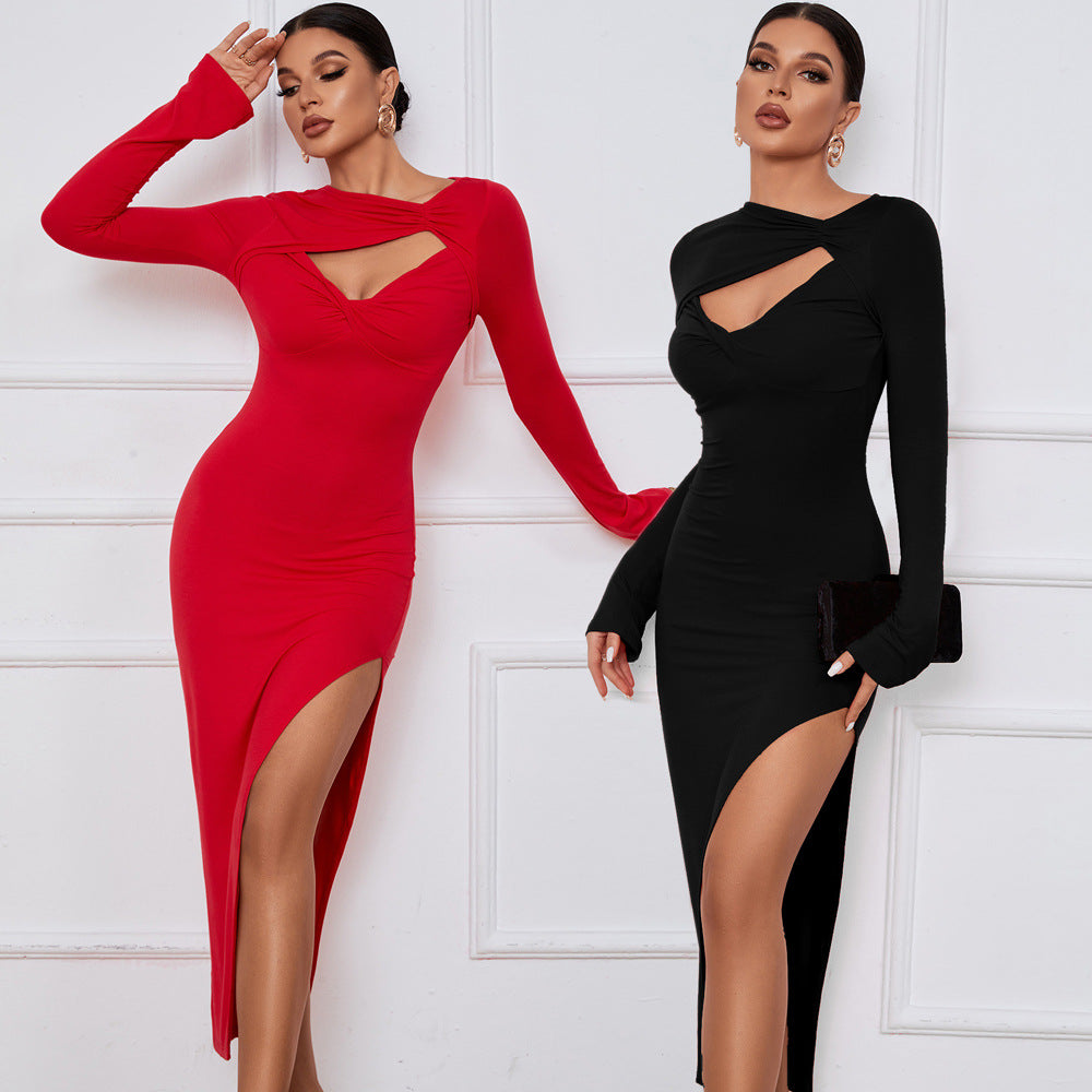 Damen Langarm-Kleid mit Cut-Out und hohem Schlitz Norvielle - Norvielle