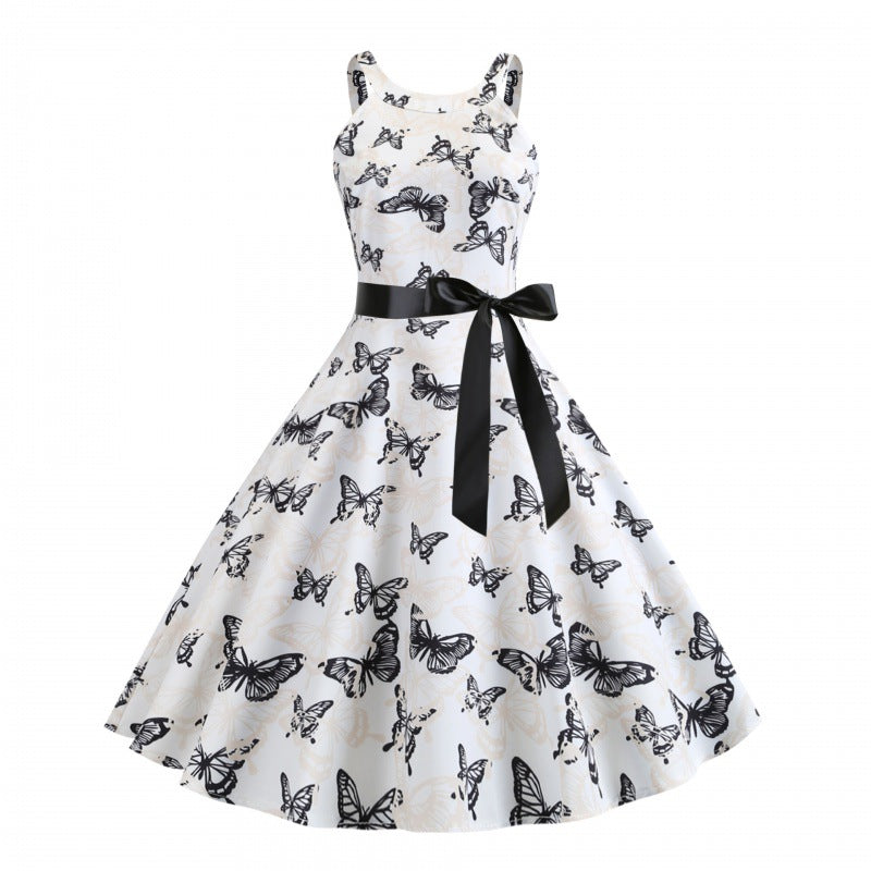 Damen Midikleid Schmetterlingsdruck Taillengürtel Norvielle