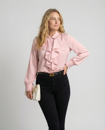 Damen Bluse mit Rüschen Eleganz Weiße Seide