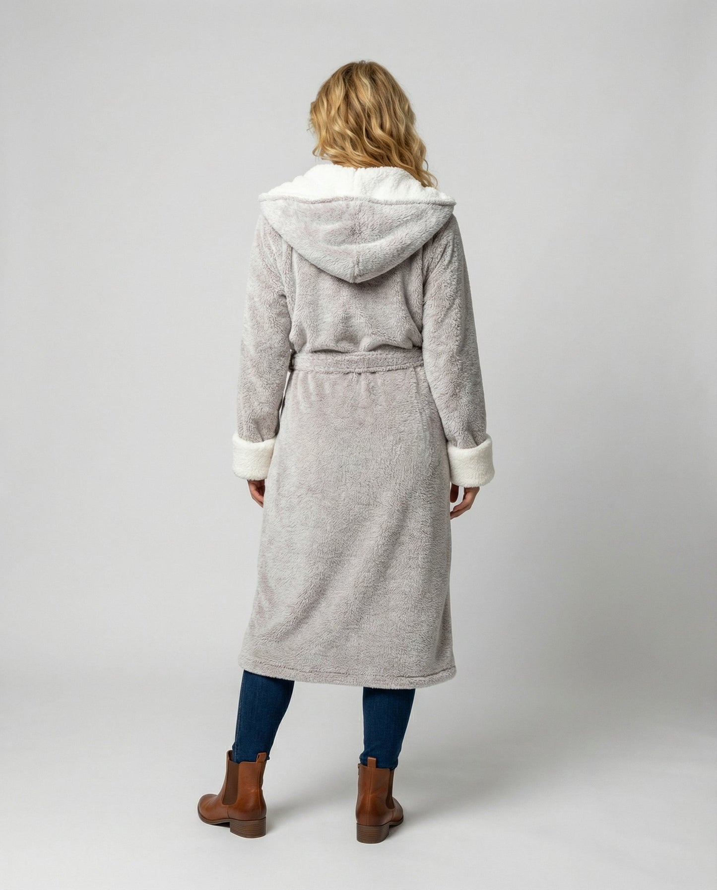 Damen Fleece Morgenmantel Weich Kuschelig Grau