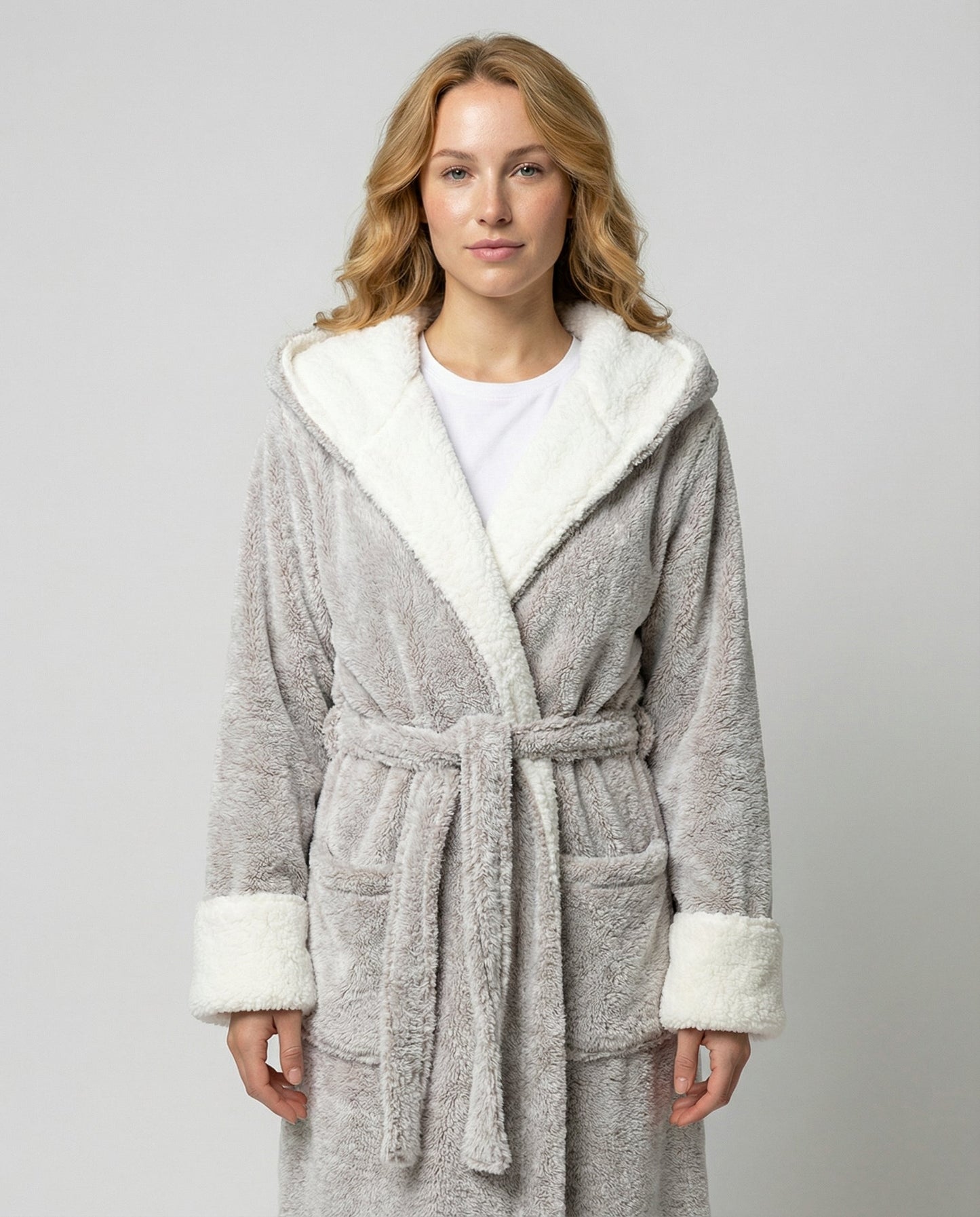 Damen Fleece Morgenmantel Weich Kuschelig Grau
