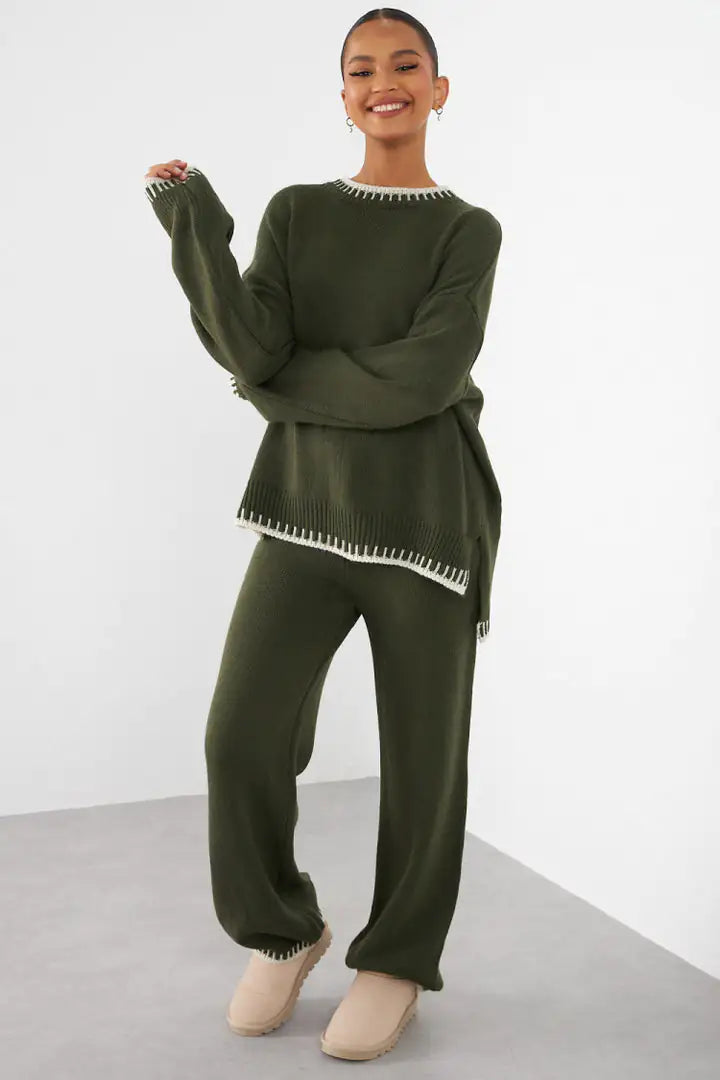 ComfyChic Lounge Set in Grun – warmer Strickzweiteiler mit weiter Hose