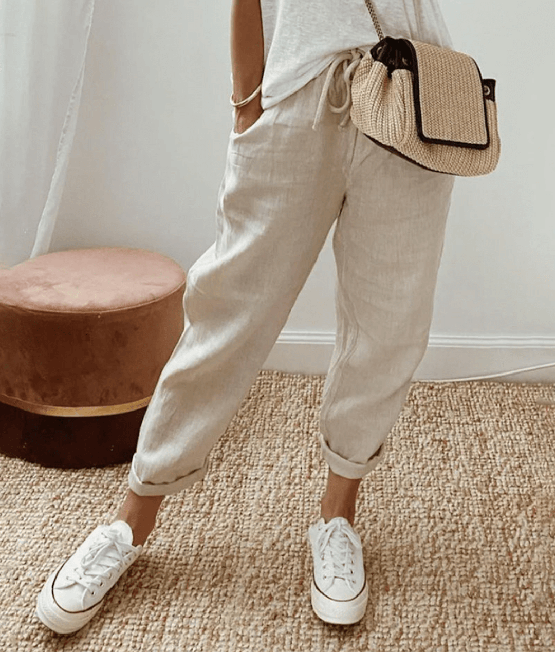 Elegante Damen Hose Baumwollleinen Beige