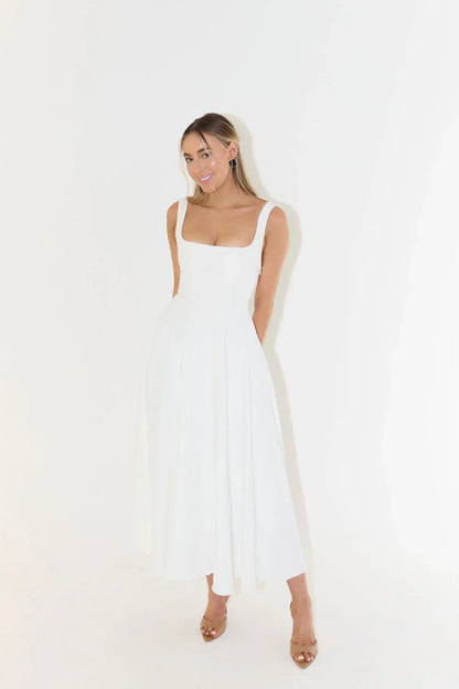 Midi-Kleid Damen Hochtailliert Quadrat-Ausschnitt