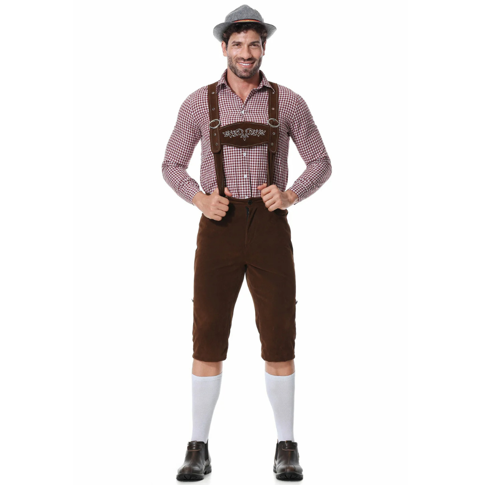 Herren Oktoberfest Outfit Lederhosen Hut Hemd Braun - Norvielle