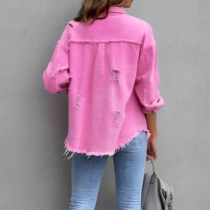 Norvielle Damen Zerrissenes Denim-Hemd mit Knöpfen Blau - Norvielle