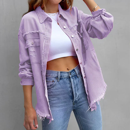 Norvielle Damen Zerrissenes Denim-Hemd mit Knöpfen