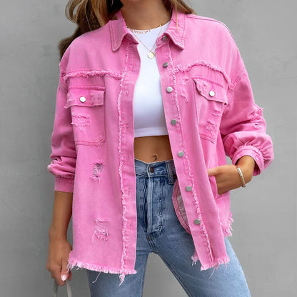 Norvielle Damen Zerrissenes Denim-Hemd mit Knöpfen