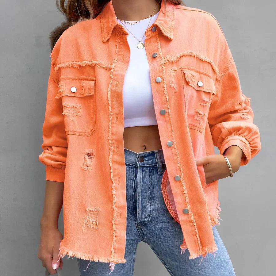 Norvielle Damen Zerrissenes Denim-Hemd mit Knöpfen