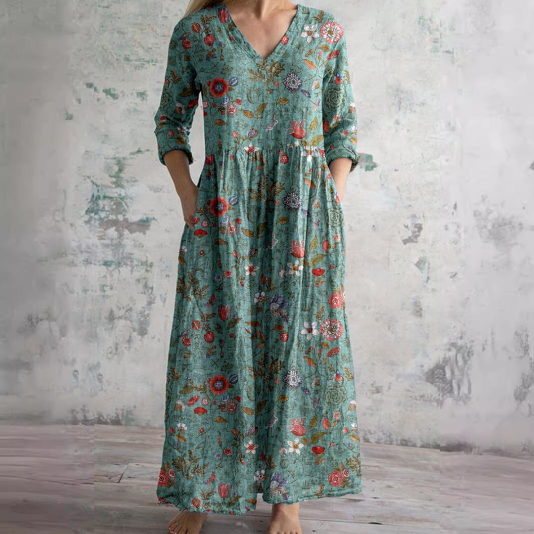 Damen Sommermaxikleid Blumenprint V-Ausschnitt Länge Langärmelig