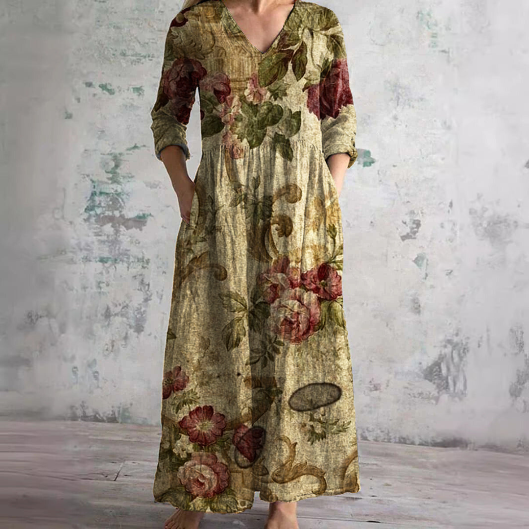 Damen Sommermaxikleid Blumenprint V-Ausschnitt Länge Langärmelig