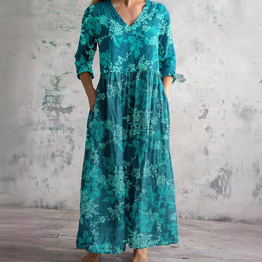 Damen Sommermaxikleid Blumenprint V-Ausschnitt Länge Langärmelig