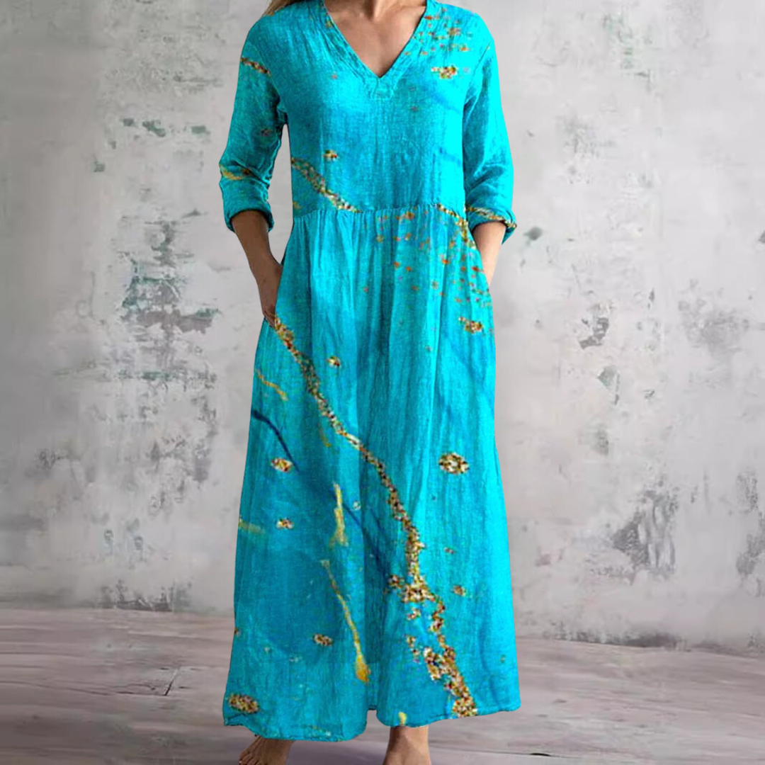 Damen Sommermaxikleid Blumenprint V-Ausschnitt Länge Langärmelig