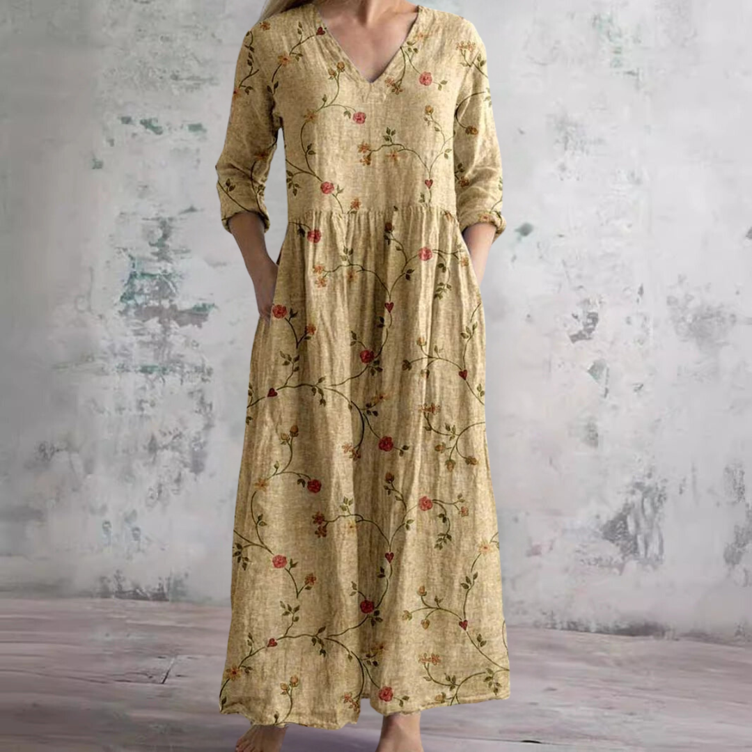 Damen Sommermaxikleid Blumenprint V-Ausschnitt Länge Langärmelig