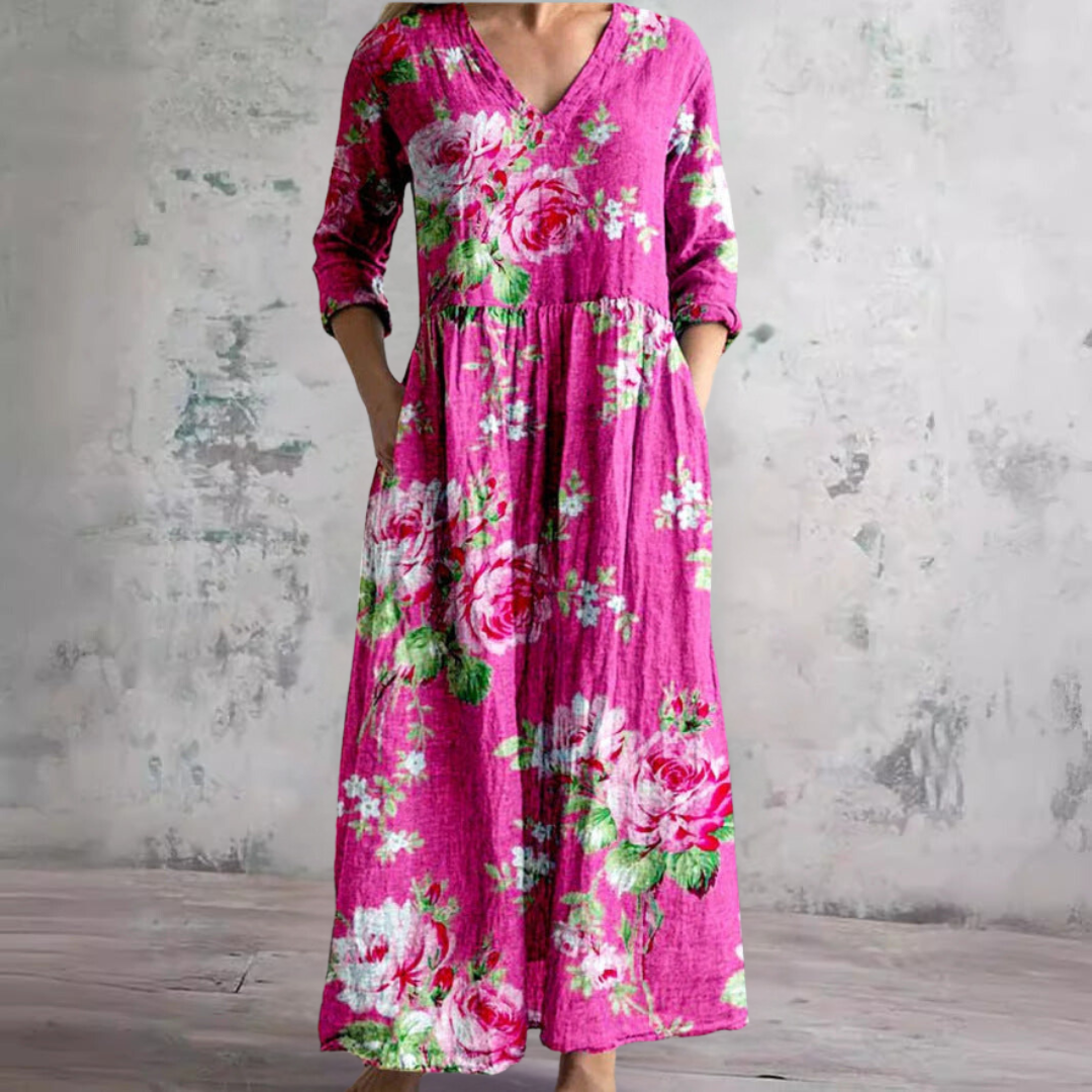 Damen Sommermaxikleid Blumenprint V-Ausschnitt Länge Langärmelig