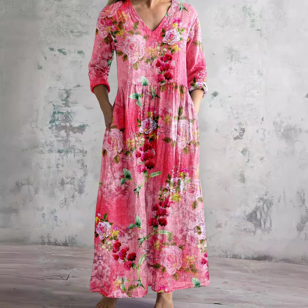 Damen Sommermaxikleid Blumenprint V-Ausschnitt Länge Langärmelig