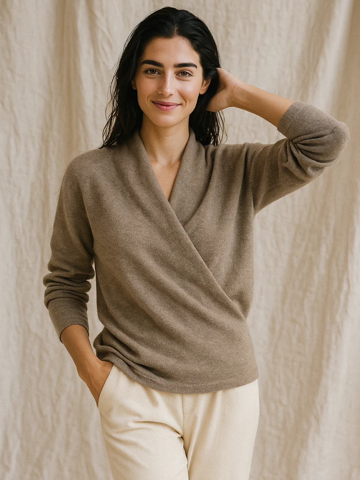 Damen Wickelpullover V-Ausschnitt Wollig Beige - Norvielle