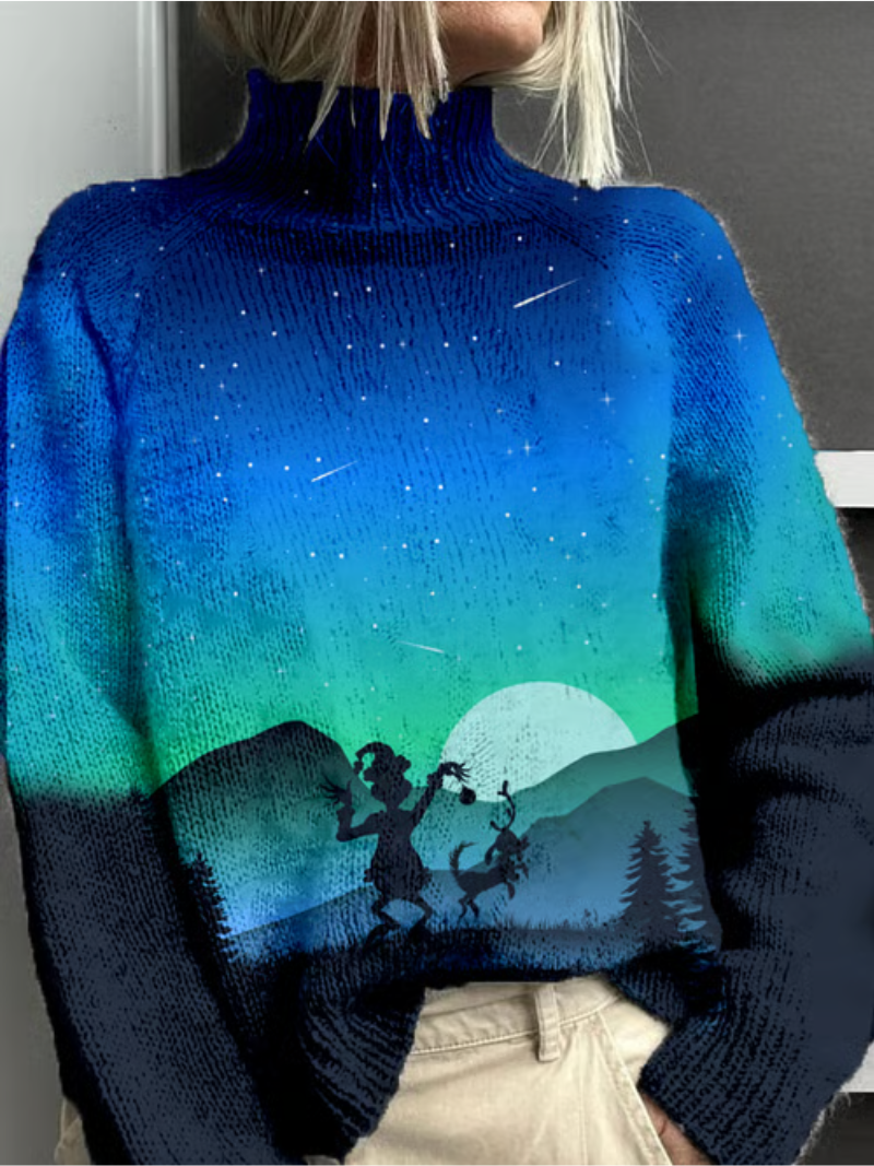 Damen Winterpullover Nachthimmelmuster Rehe Baumwolle Blau - Norvielle