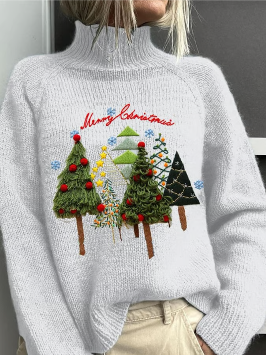 Elin Damen Weihnachtspullover Weihnachtsbäume Stickdetails Rot - Norvielle