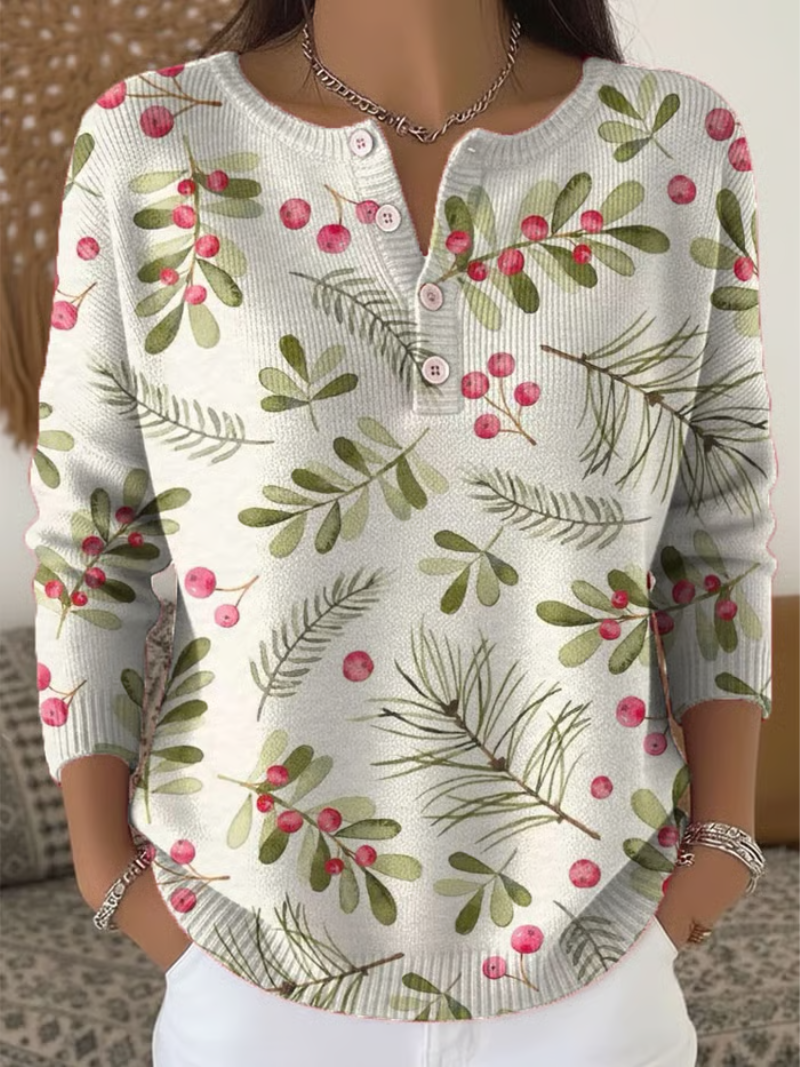 Damen Weihnachtspullover Tannenmuster Beeren Print Rot - Norvielle