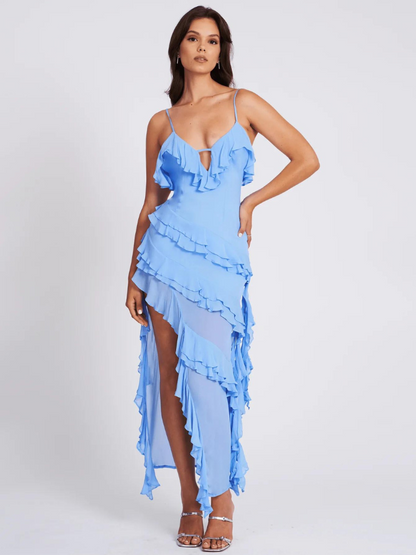 Damen Maxikleid Spaghettiträger Hochschlitz