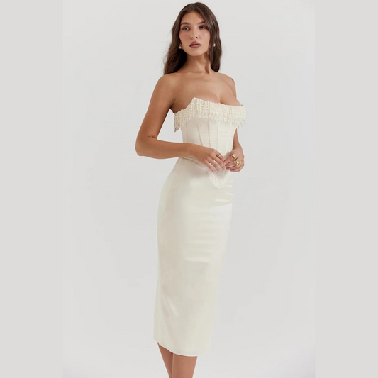 Trägerloses Satin-Midikleid Perlendetail Damenkleid - Norvielle