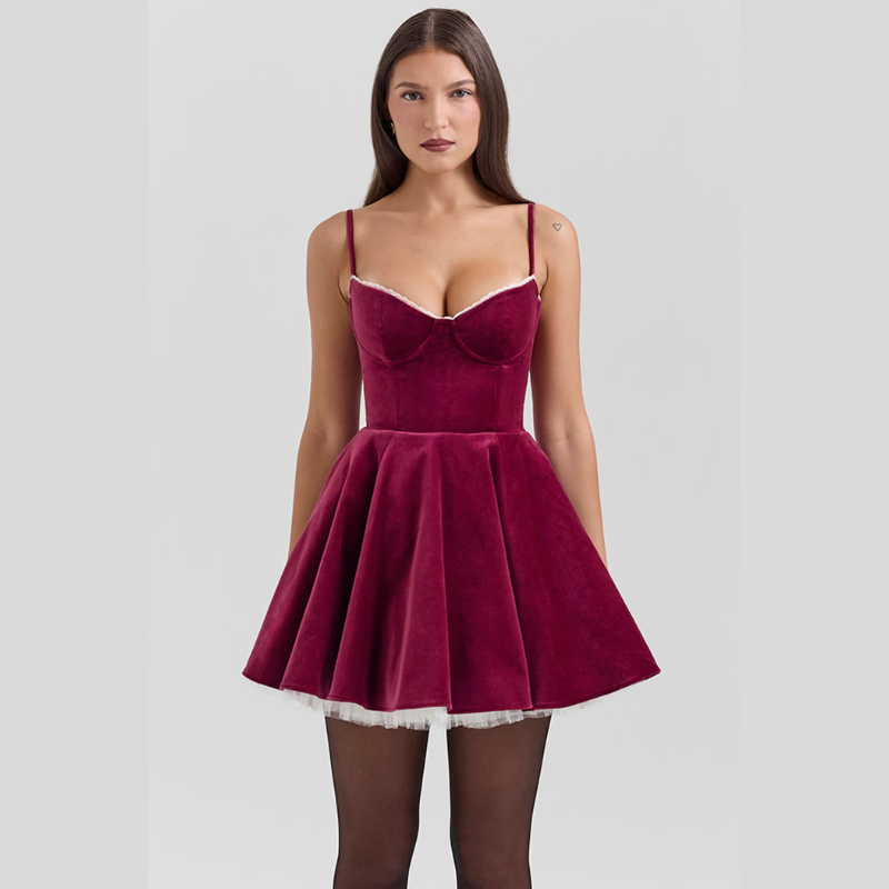 Damen Mini Samtkleid Korsett Look Tüllsaum - Norvielle