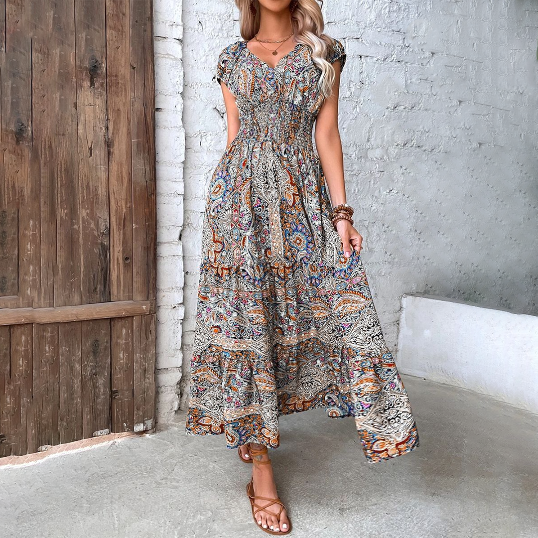 Damen Boho Maxikleid V-Ausschnitt Kurzarm Tailliert Farbprint