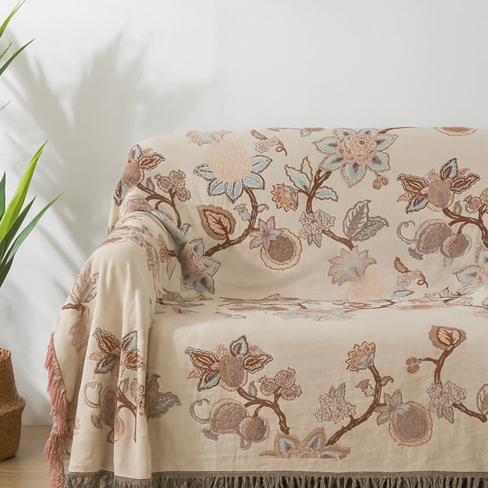 Baumwoll-Bettdecke Florale Blumenmuster Quasten Optik Weiß