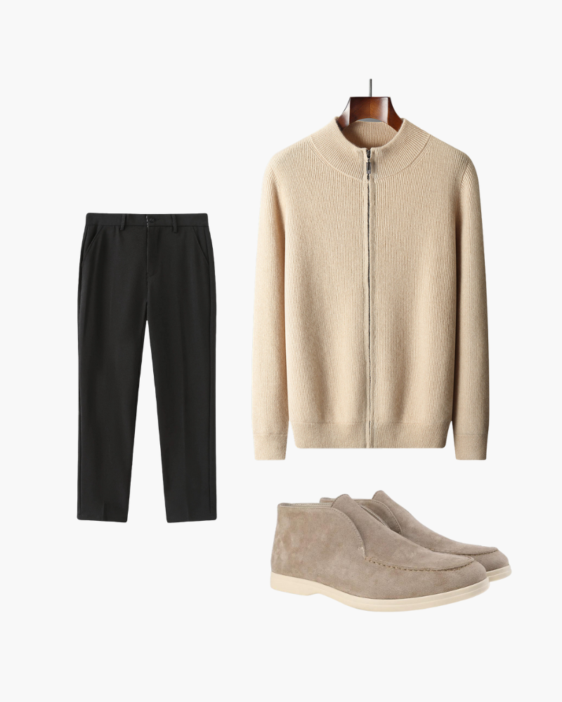 Damen Kaschmir-Cardigan-Set mit Hose und Wildleder-Stiefeletten - Norvielle