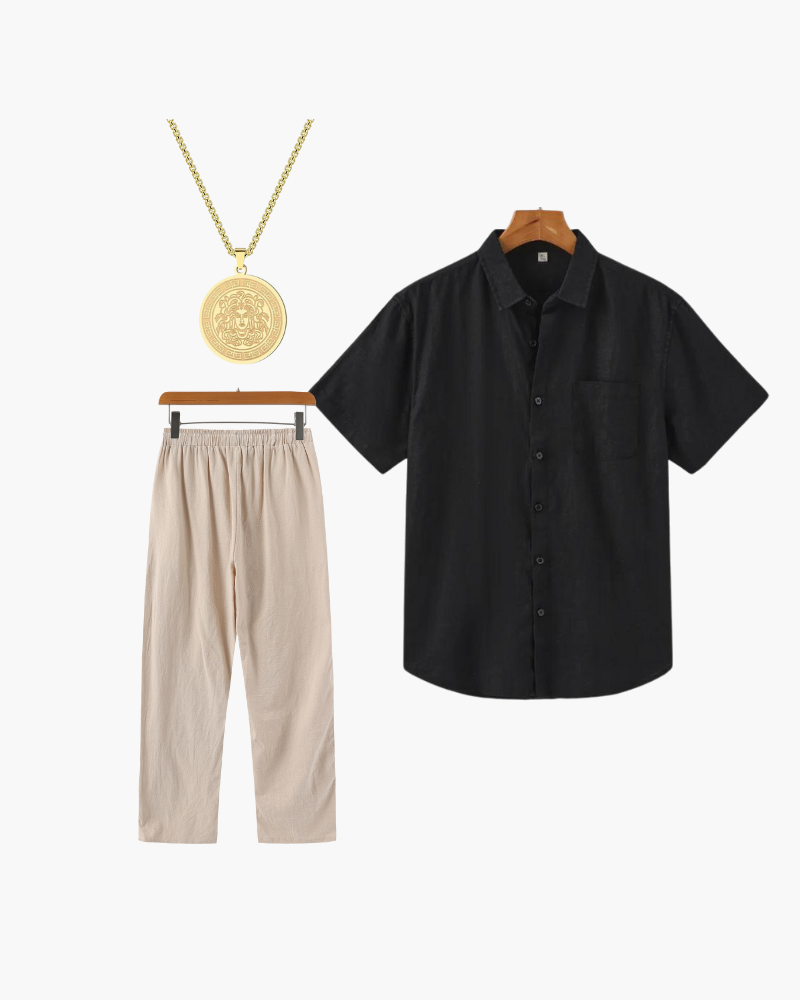 Damen 3-teiliges Sommer-Outfit Kurzarmhemd Leinenhose Goldkette - Norvielle