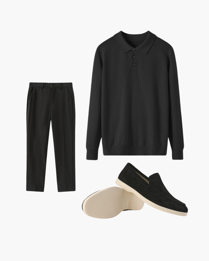 Herren Outfit Langärmliges Polohemd Hose Wildleder Loafer Schwarz - Norvielle
