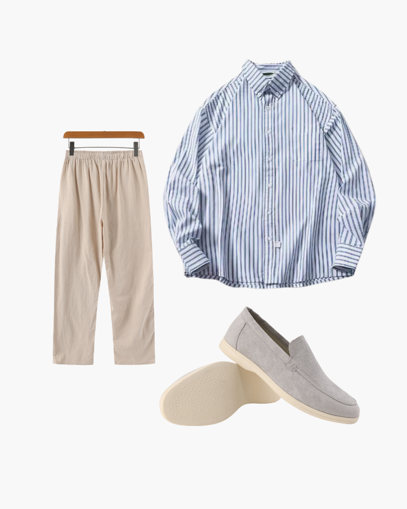 Herren 3-teiliges Sommer-Outfit Streifenhemd Leinenhose Loafers - Norvielle