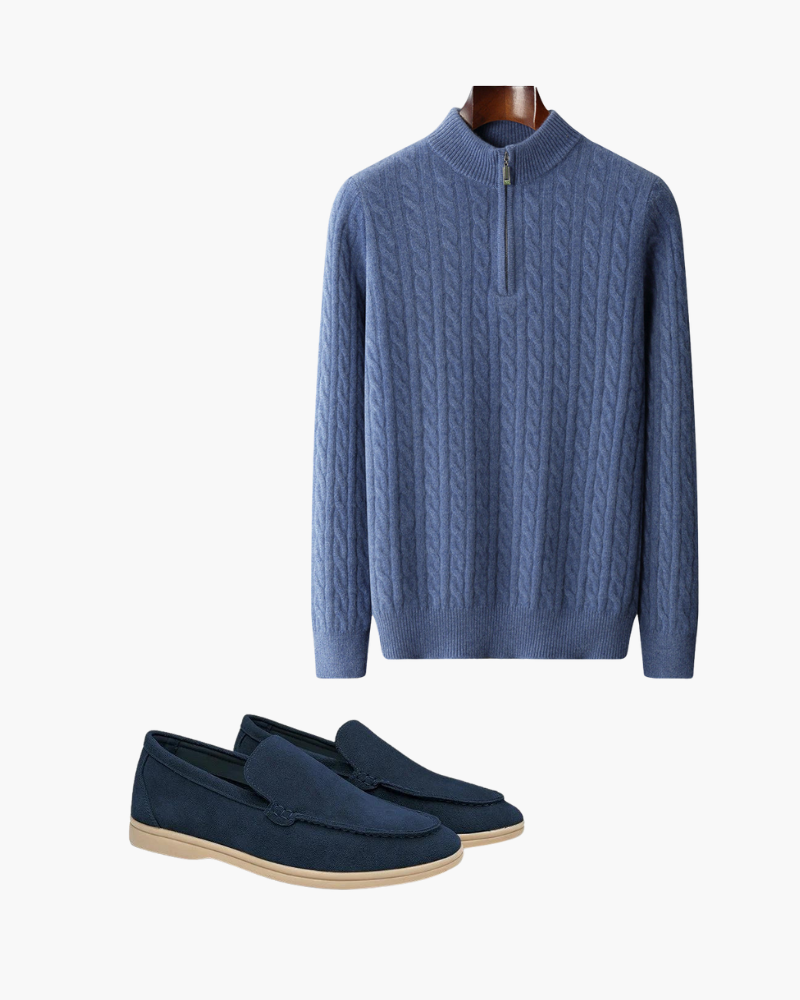 Damen Blau Zopfmuster Pullover & Wildleder Loafer 2-teiliges Outfit - Norvielle