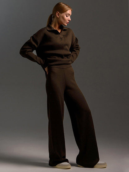 braunes lounge set damen mit weiter hose und lockerem oberteil