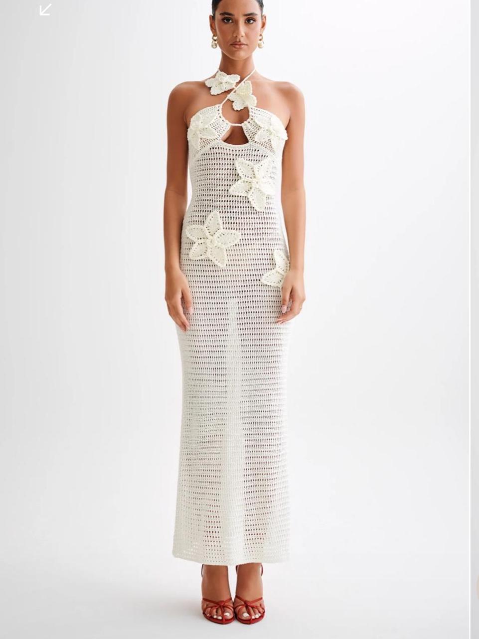 Damen Maxikleid Häkel-Optik Blumenapplikationen Neckholder