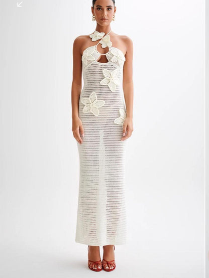 Damen Maxikleid Häkel-Optik Blumenapplikationen Neckholder
