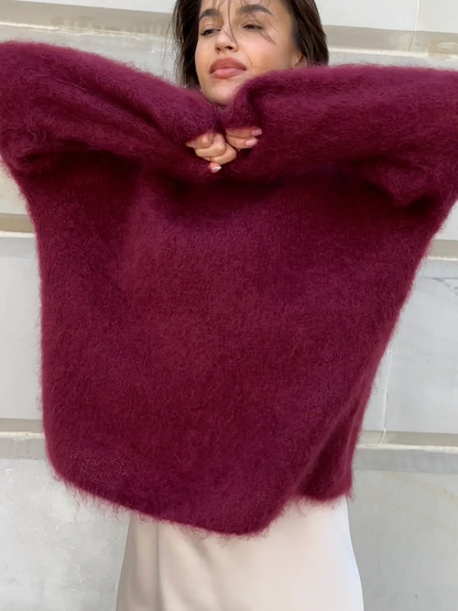 Norvielle Damen Pullover Mohair Mix Übergröße Rundhals Lange Ärmel