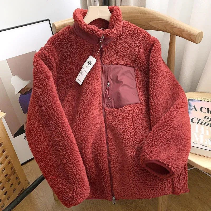 Damen Winterjacke Teddy-Effekt Stehkragen Reißverschluss