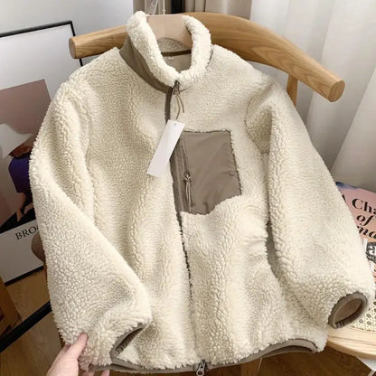 Damen Winterjacke Teddy-Effekt Stehkragen Reißverschluss